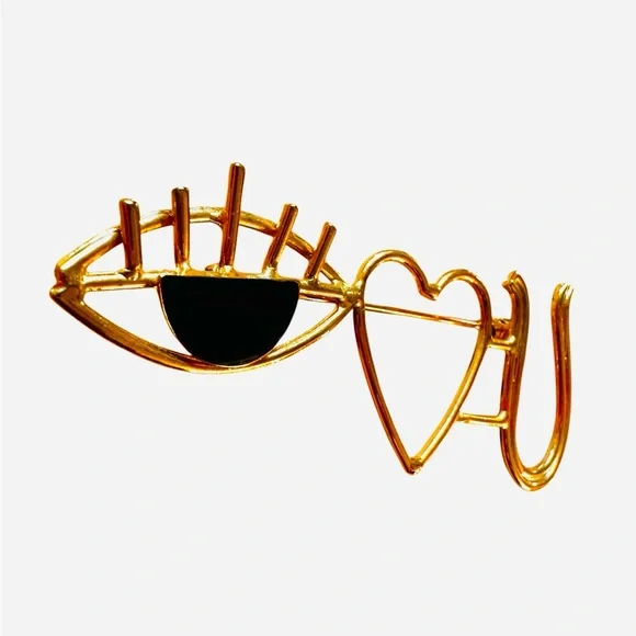 2 Brooch Pins Heart Eye Gold Tone Metal “I Heart U” 80s/90s - Picture 3 of 8
